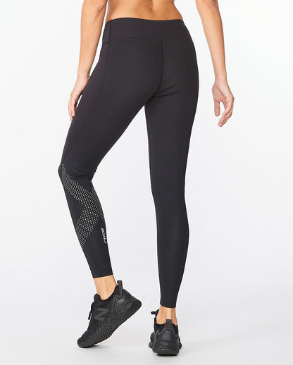 2XU South Africa - Women's Motion Mid-Rise Compression Tights - Black/Dotted Reflective Logo