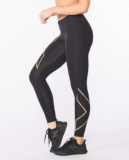 2XU South Africa - Women's Light Speed Mid-Rise Compression Tights - Black/Gold Reflective